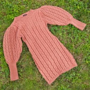 chunky knit brown sweater dress with puffy sleeves